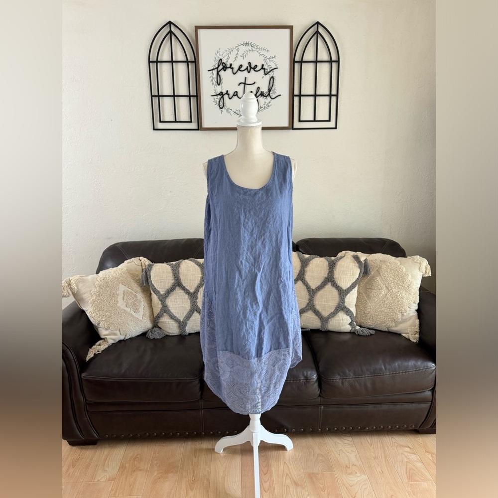 Linda Periwinkle Blue 100% Linen Lace Hem Midi Dress Classic Coastal Grandma